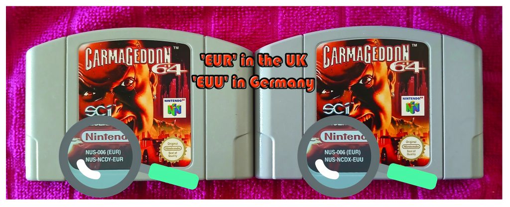 Image of two Carmageddon64 cart variants with the different cart serial numbers, enlarged under magnifying glasses.