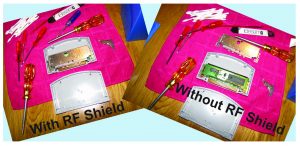 Image showing the inside of a cart with and without its RF Shield.