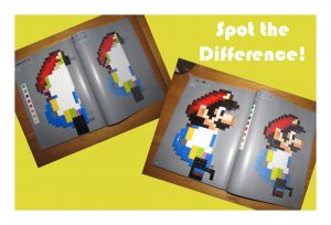 Two images of the Lego maual alongside the Lego model with the caption 'Spot the Difference'.