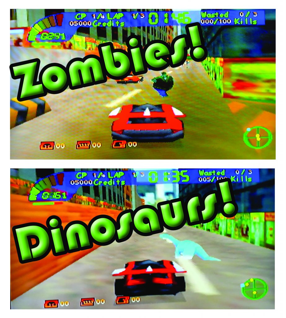 Two screenshots of the UK version, with Zombies (top) and the German version, with dinosaurs (bottom).