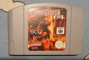 Image of the front of a Carmageddon 64 N64 cart.